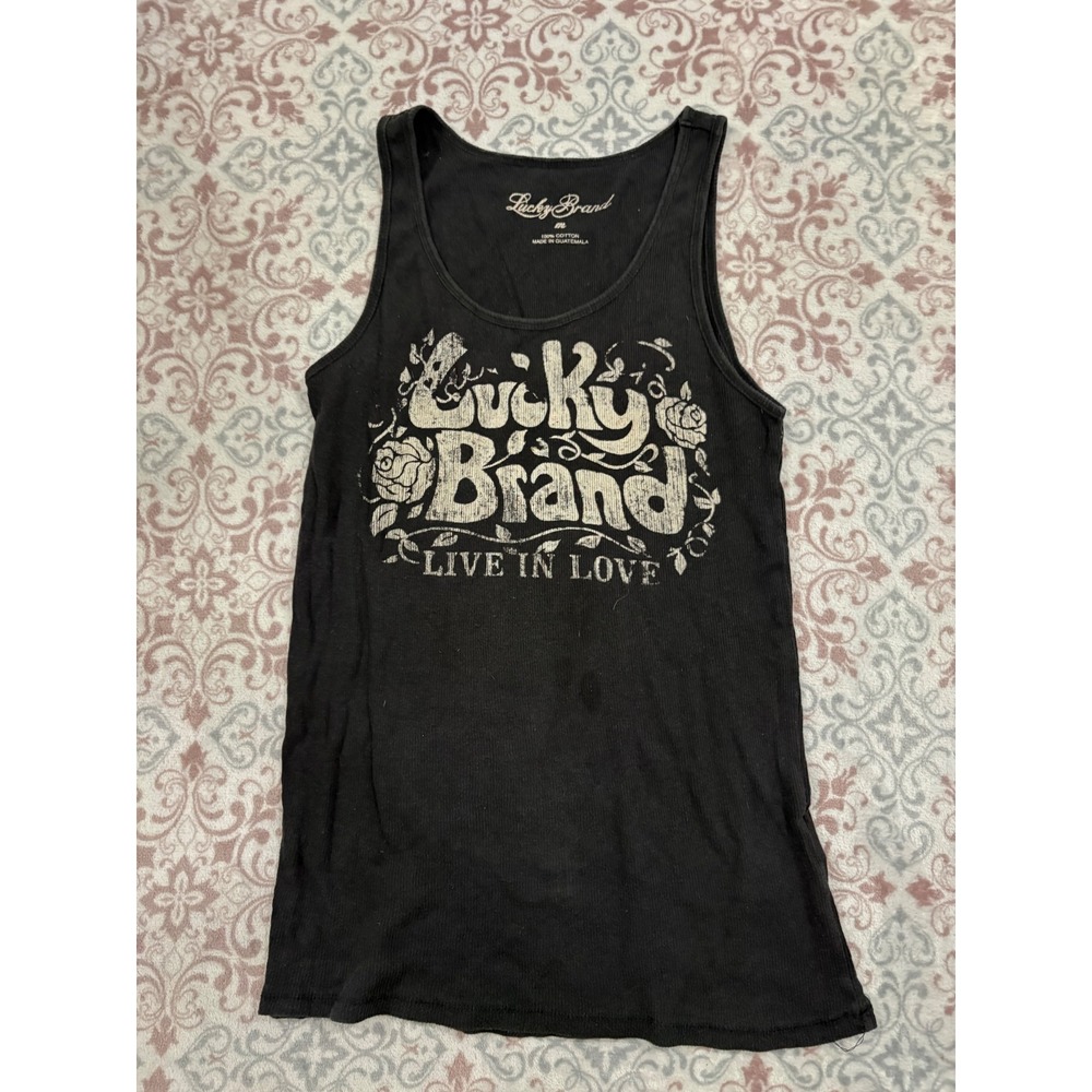 Lucky Brand Live In Love Graphic Ribbed Tank Top Black Cotton Medium